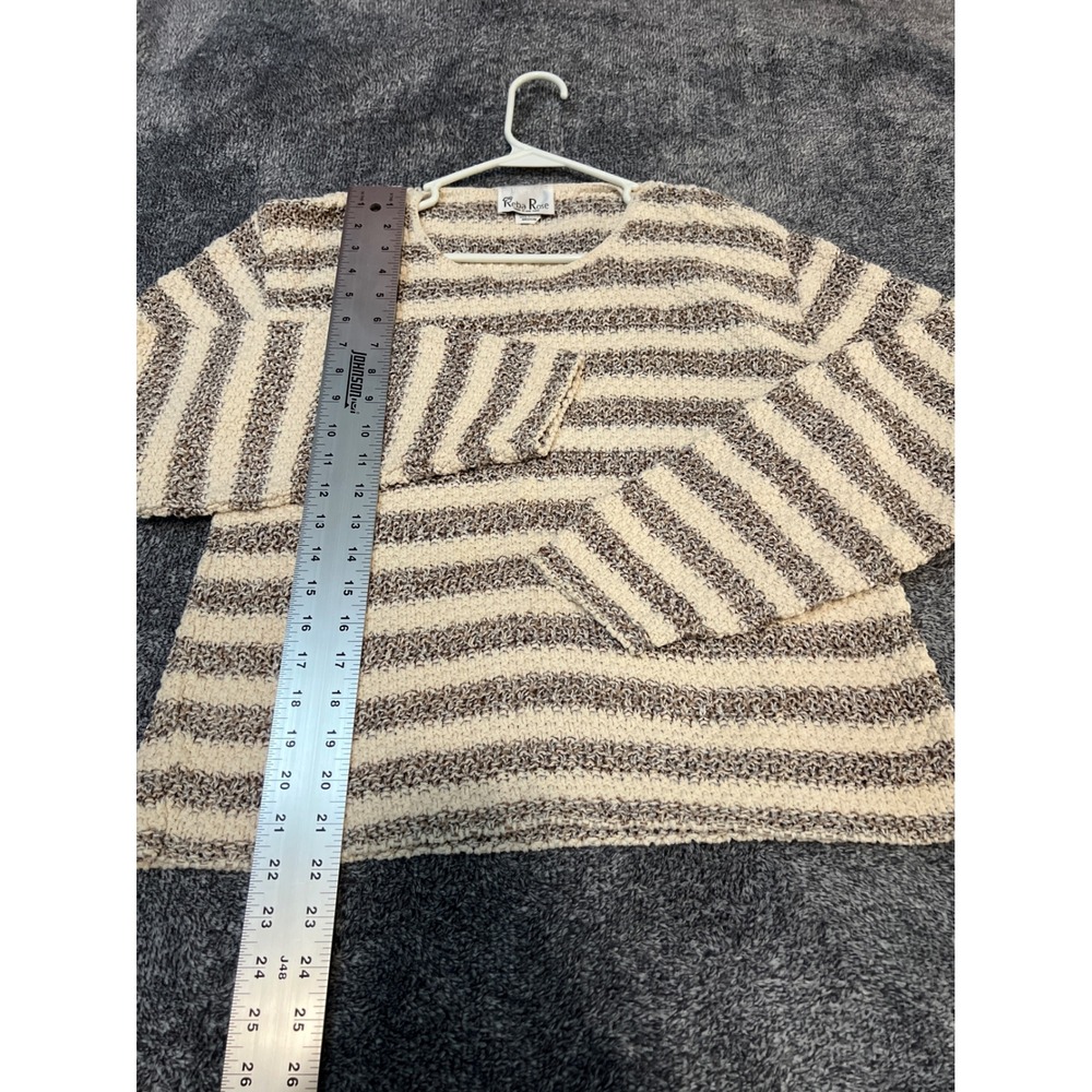 Reba Rose Women Medium Brown Cream Striped Cotton Knit Sweater Made in USA - Picture 6 of 11